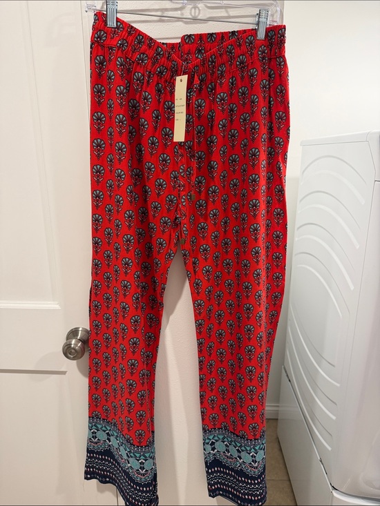 Hester & Orchard Pants - Red Patterned Women’s Pants with Blue Border